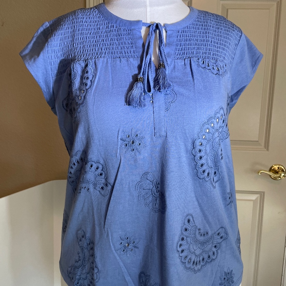 LP Daniel Rainn Eyelet Knit Embroidery Top Cotton, Beaded Tassels Smocked Yoke